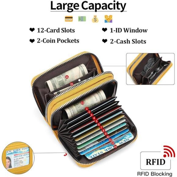 RFID Leather Card Holder Small Wallet for Women Double Zipper ID Coin Purse - Picture 3 of 8